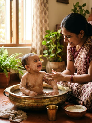 A mother gently bathing her smiling baby with homemade herbal bath powder