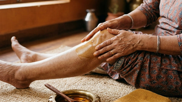 Warm herbal oil massage on the knee joint as a home remedy for post chikungunya joint pain