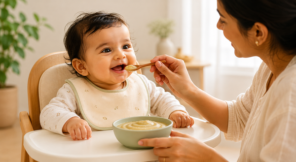 Indian mother feeding her six-month-old baby in a high chair to begin a safe Indian weaning diet chart journey.