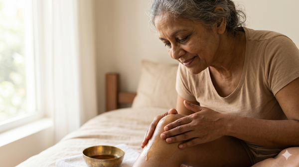 Older Indian woman gently massaging Ayurvedic oil onto her knee joint for pain relief