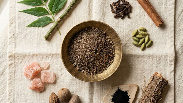 Flatlay of ayurvedic tooth powder ingredients — neem, clove, cinnamon, cardamom, rock salt, triphala and charcoal around a brass bowl of herbal powder on cream linen.