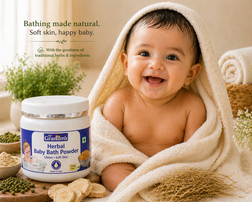 A close-up of ByGrandma's herbal baby bath powder showing its fine, natural texture