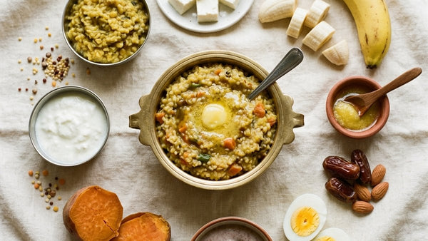 Food for 1 year old baby to gain weight — Indian foods flatlay: khichdi, paneer, banana, ghee, dates, egg