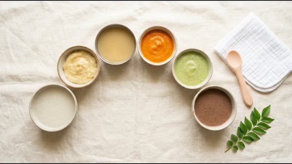 Food for 6-month infants — smooth first-food purées and porridges in small bowls