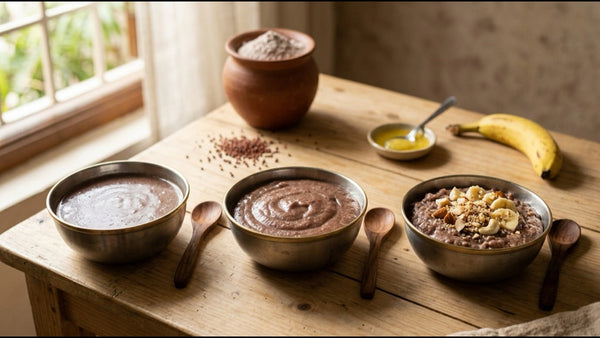 Ragi porridge for infants — three bowls of different textures for 6, 8 and 12 months