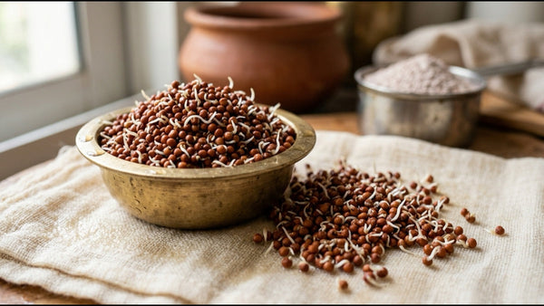 Sprouted ragi (finger millet) grains with tiny white shoots in a brass bowl