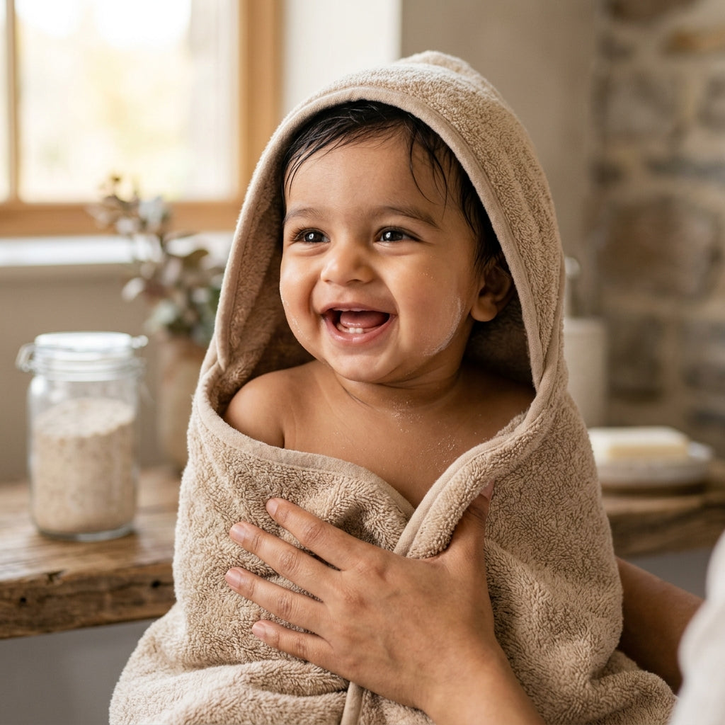 Happy Indian baby wrapped in a towel after a herbal bath