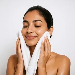 Indian woman drying her face with a white towel — serene post-face-wash glow