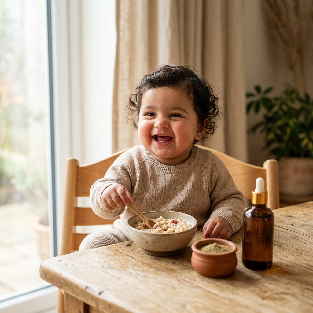 Smiling Indian baby eating homemade grain porridge