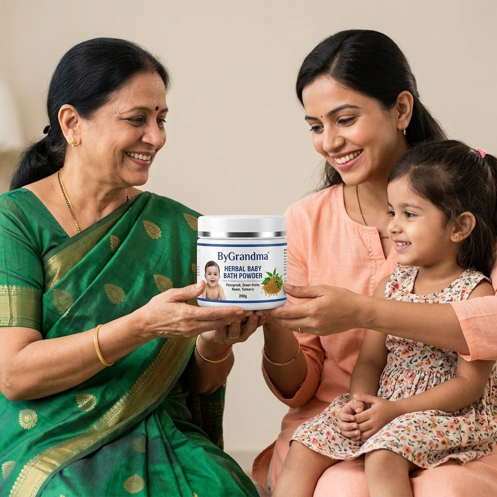 Indian grandmother, mother and granddaughter holding ByGrandma Herbal Baby Bath Powder — homemade wellness for the whole family